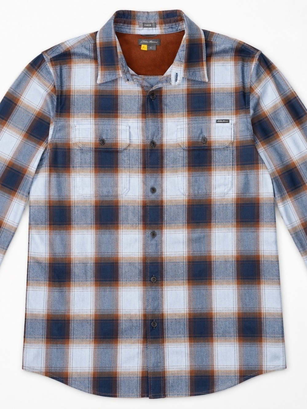 Eddie Bauer Men’s Navy, Light Blue & Brown Plaid Button-Down Shirt